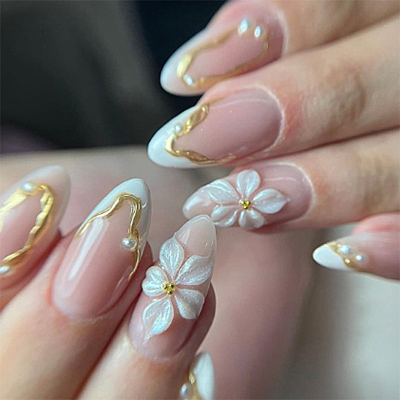Pressed Flower Art - 24 Uñas Postizas Largas Almendradas con