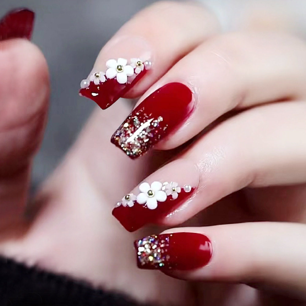 Pressed Flower Art - 24 Uds. De uñas postizas rojas